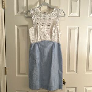 Lilly Pulitzer Maia shift dress, costal blue seersucker and lace